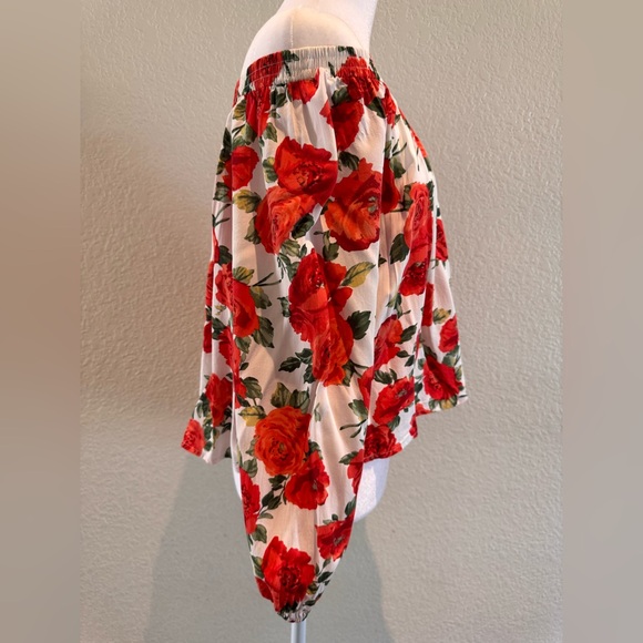 Forever 21 Rose Floral Print Off-the-Shoulder Flowy Top – White/Red – Size S/M - Picture 6 of 16